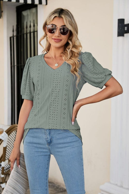 Puff Sleeve Top med V-hals